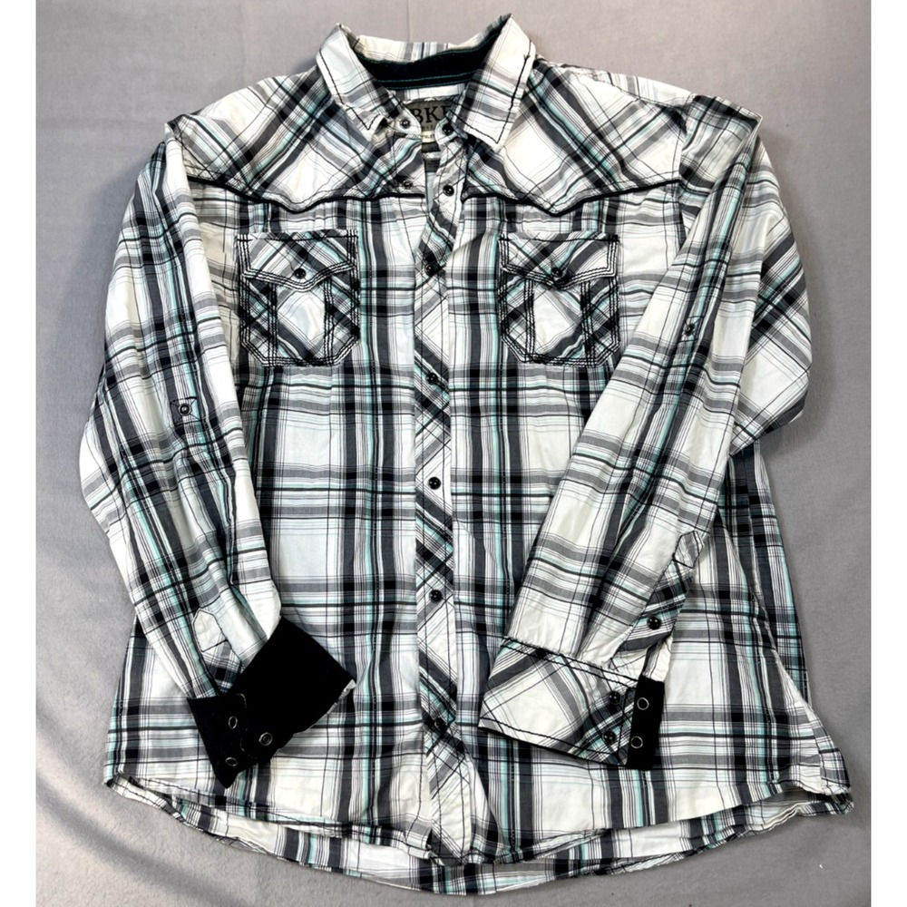 BKE Shirt XL Mens Western Pearl Snap White Black Gray Check Athletic fit Casual